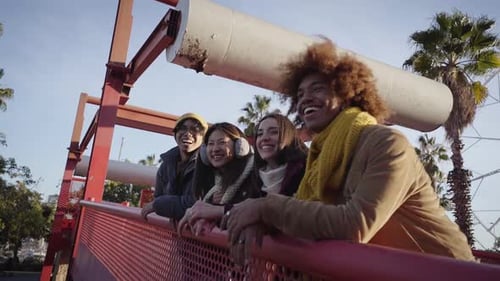 Multiethnic Group Smiling Friends Gathered Street Leaning on Railing Happy Young People Enjoying