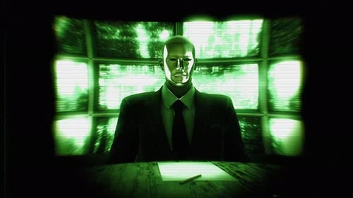 Glitchy Surveillance Monitor Screen Reveal with Robotic Figure