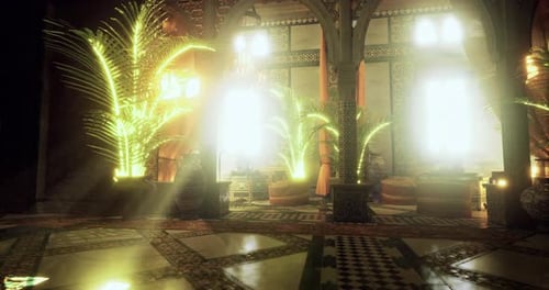 Luxurious Moroccan Interior with Glowing Plants and Arches