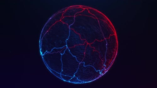 Glowing neon sphere with blue and red electric lines in motion