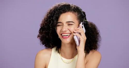 Happy, woman or phone call in studio with gossip, conversation or talking for social update
