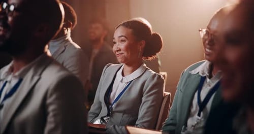 Business woman, audience and laughing at conference for career, funny story