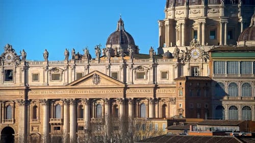 Aerial view of Vatican city from the distance. Saint Peter's Basilica at sunset. Rome, Italy
