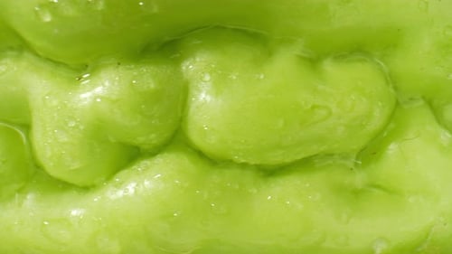 Dans une vidéo macro, une courge amère chinoise scintille sous l'effet de gouttelettes d'eau