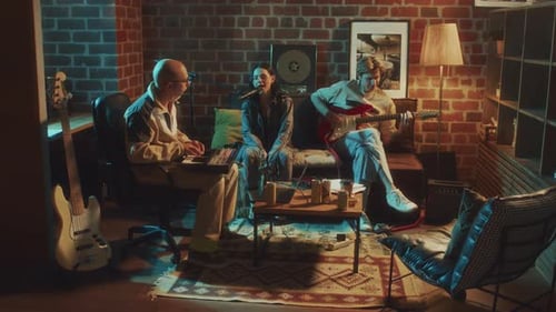 Indie Musical Band Rehearsing Song to Guitar in Retro-Style Room