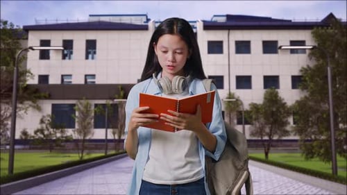 Girl Student Holding And Reading A Book in Front of a School Building