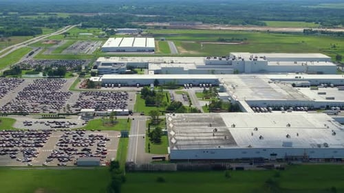 New Cars Stock at Production Factory Parking Lot Vehicles Parked in a Row at Dealer Port Terminal