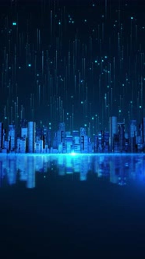 3D Digital City Skyline Falling Binary Code Particles Dark Blue Futuristic Cityscape Glowing