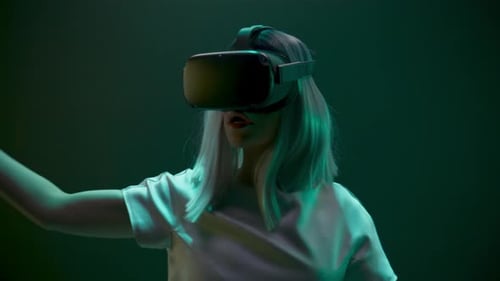 Closeup Active Gamer Testing Vr Technology. Impressed Woman Interacting Immersive Digital World N...