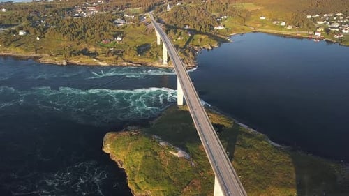 Beautiful drone shot showing the world's strongest maelstrom Saltstraumen in Norway