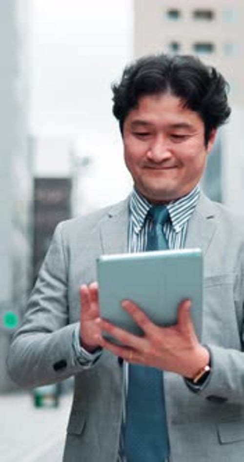 Walking, businessman and city with tablet for search, travel journey and scroll with app