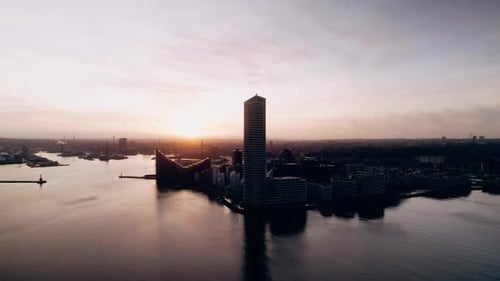 Aerial View Of City Harbor At Sunset