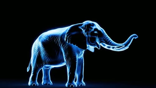 Glühender blauer Elefant mit erhobenem Rüssel auf schwarzem Hintergrund