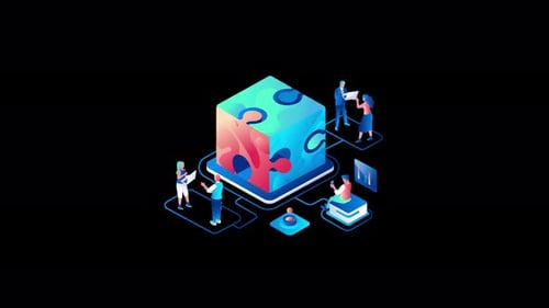 Colorful 3D cube with people engaging in technology-related activities