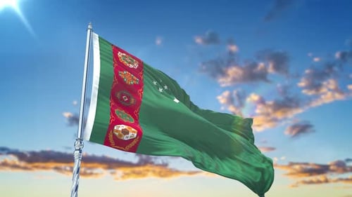 Waving Turkmenistan Flag in Blue Sky