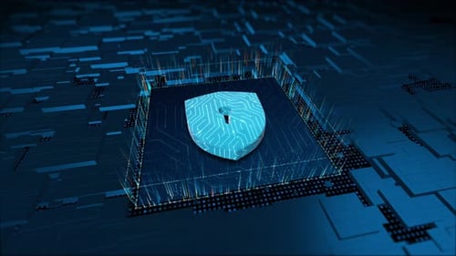 Futuristic Cybersecurity Shield Animation on Digital Circuit Board