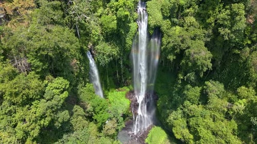 Aerial View Of Majestic Sekumpul Waterfall In Lush Rainforest In Bali Indonesia