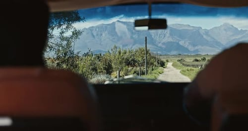 POV, driving car and countryside for vacation, travel or adventure in nature, gravel or mountain