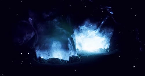 Grotte lumineuse mystérieuse avec des lumières chatoyantes et un environnement sombre