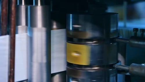 Shining metal vertical shaft spinning fast and moving a roll of fiber for future diapers.