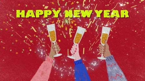 Saudação de Ano Novo ilustrada vintage 2D em vermelho