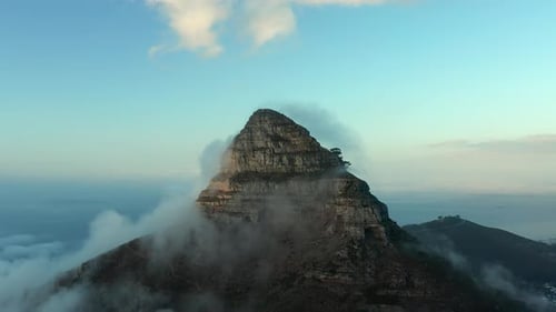 Aerial View Of Lions Head In The Clouds In Cape Town, South Africa - drone shot