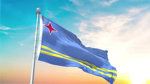 Aruba Flag Waving in the Wind Against a Beautiful Sky