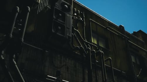Industrial Building with Intricate Pipe System Under Clear Blue Sky