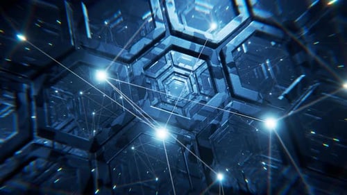 Ralenti à travers des hexagones métalliques dans un motif futuriste. Mouvement fluide de la caméra grâce au néon a