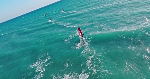 Aerial View of Windsurfing on Ocean Active Sea Sports with Sailboard on Waves