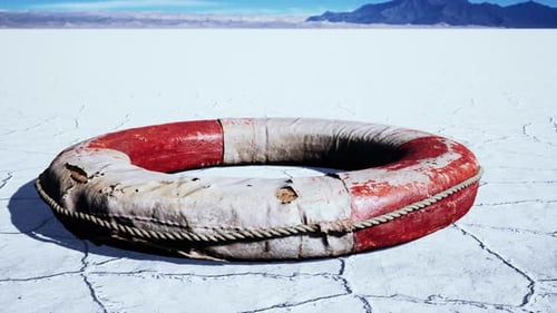 Grunge Lifebuoy on Dry Salt Flat with Panning Camera
