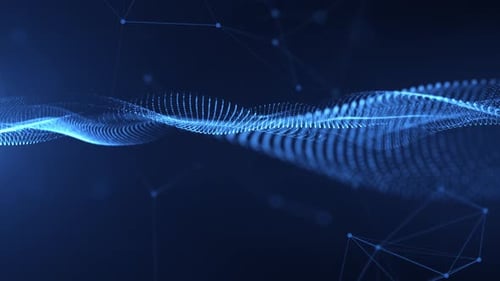 Onde lumineuse abstraite de particules et de points se déplaçant sur fond bleu, visualisation de données volumineuses