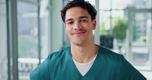 Face, nurse and happy man in hospital for healthcare service, medicine and wellness doctor