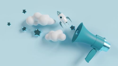 Blue megaphone with rocket, clouds and stars. It's a boy. Baby shower or boy birthday party