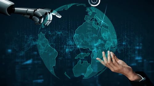 Futuristic Interaction Between Human Hand and Robotic Arm with World Map, Data Visualizations, and T