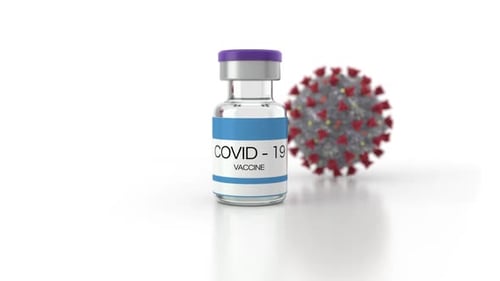 Covid-19 Vaccine Vial with Virus on White