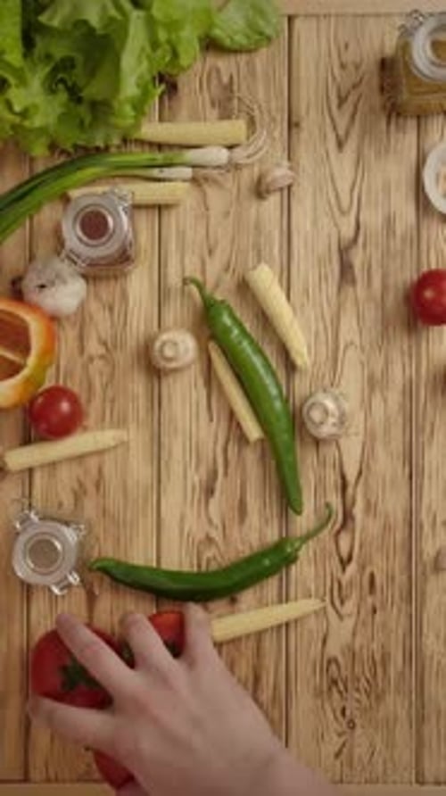 Vertical of People Taking Vegetables and Another Ingredients From Table