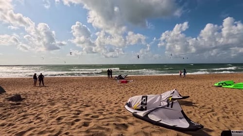 Timelapse Kiteboarders and Kitesurfers of the Baltic Sea Sunny Summer Day.