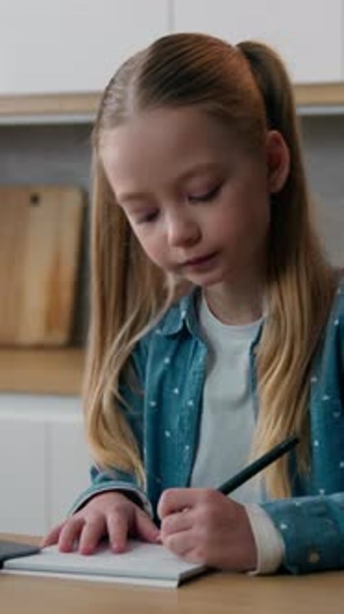 Remote Elearning at Home Kitchen Adolescent Schoolgirl Caucasian Little Child School Girl Studying