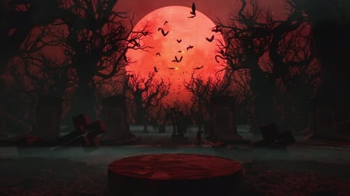 Horror Cemetery Mockup with Foreground Platform Against Giant Blood Moon and Swarm of Bats