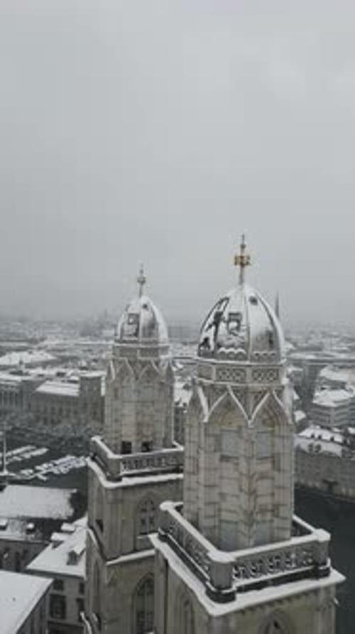 Aerial video of the steeple at the Grossmunster church in Zurich, Switzerland