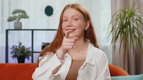 Teenager Girl Child Smiling Pointing to Camera Choosing Lucky Winner Indicating Inviting Approve