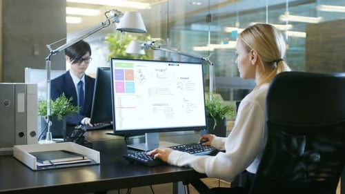 Im Büro arbeitet die Geschäftsfrau an ihrem Schreibtisch an einem PC mit Projektplanungssoftware