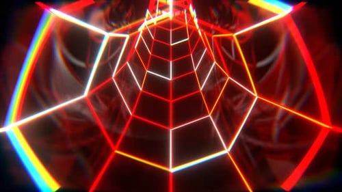 Fondo de túnel toroidal octogonal de neón rojo, blanco y naranja VJ Loop l 4K