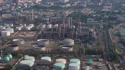 Aerial view of oil refinery and petroleum storage terminal with industrial units