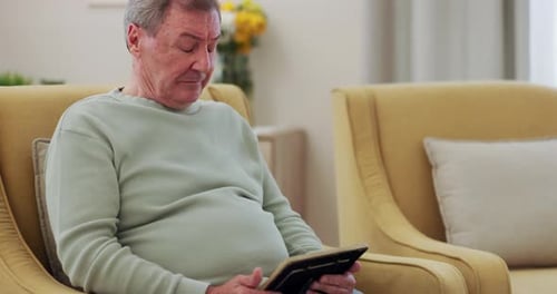 Relax, thinking and elderly man with tablet, typing or retirement with connection