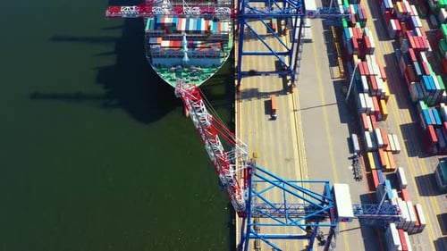 Container ship loading at port with crane, container ship carrying container import and export busin