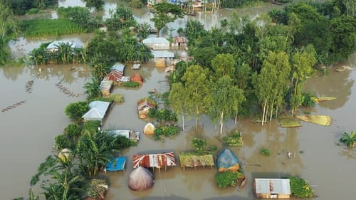 Aerial view of flooded village, Bangladesh.