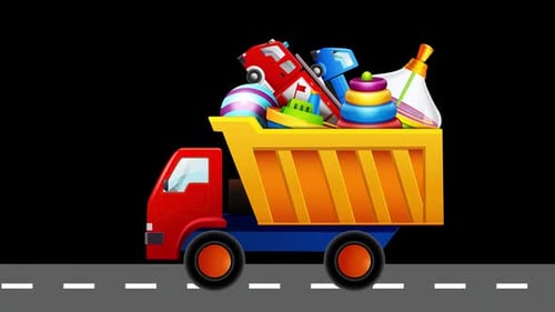 Animated Dump Truck Hauling Colorful Children's Toys on Road