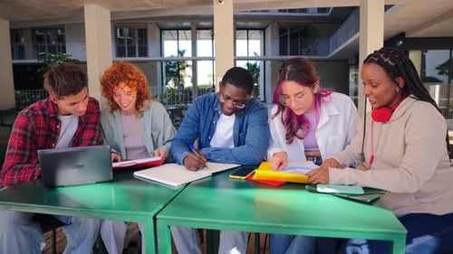 Groupe diversifié d'étudiants collaborant et étudiant ensemble à une table avec des ordinateurs portables et des cahiers